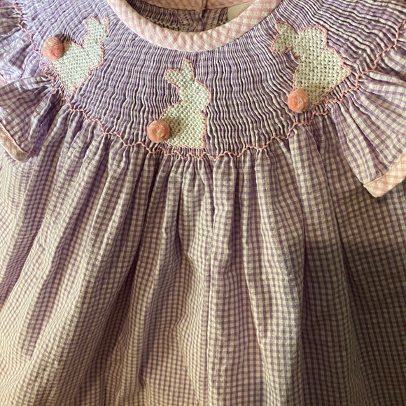3 months Southern Smocked Company purple/pink smocked gingham bunny dress - Picture 2 of 10